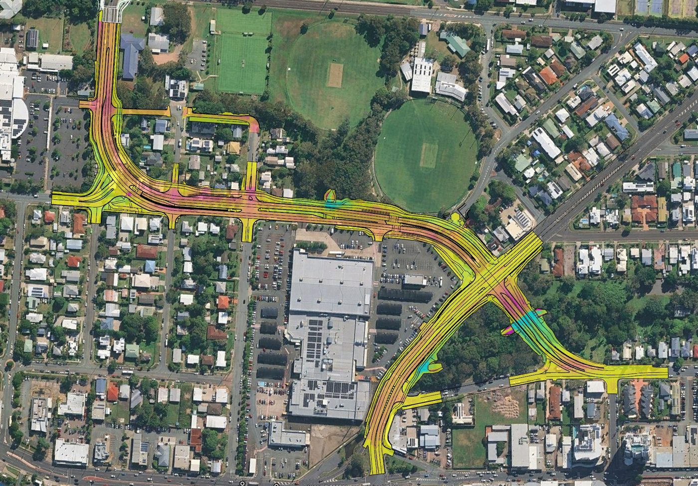 Earthworks take-off markup over an aerial corridor